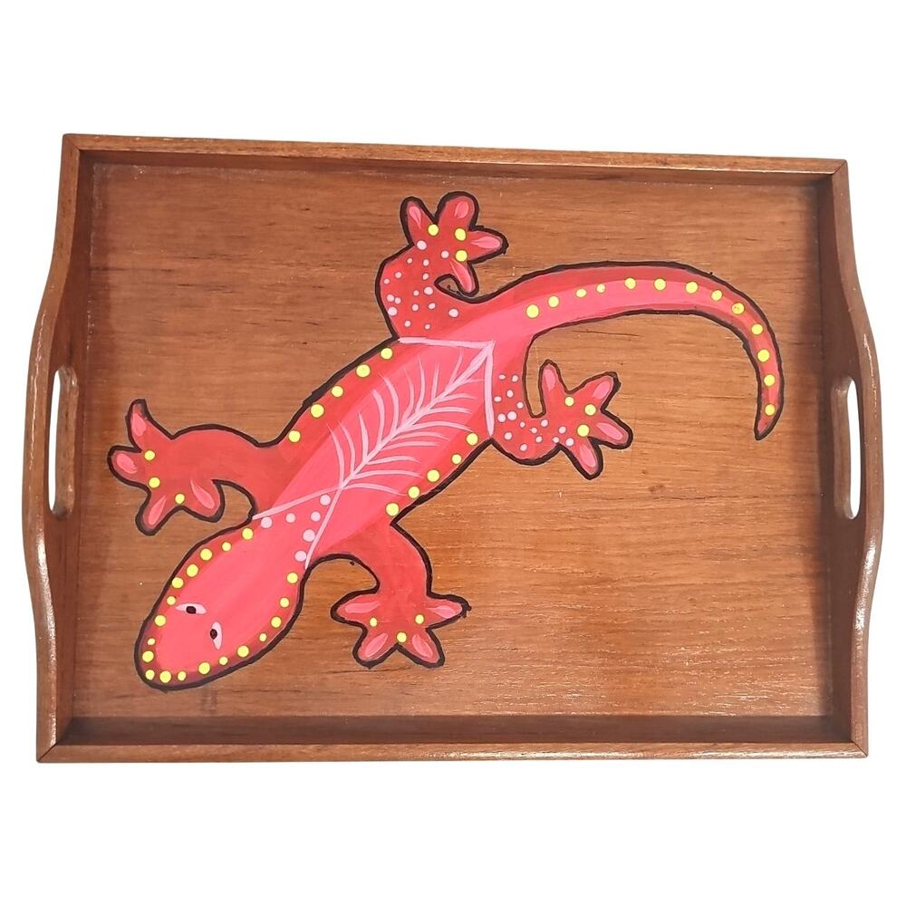 Goodwood Teak Wood Serving Tray with Handles and Hand Painted Gecko Lizzard